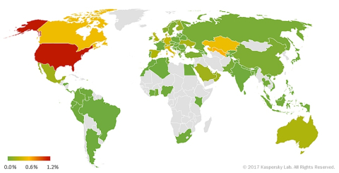 Mobiilsete väljapressimiste ja troojalaste geograafia 2017. aasta esimeses kvartalis (rünnatud kasutajate protsent).